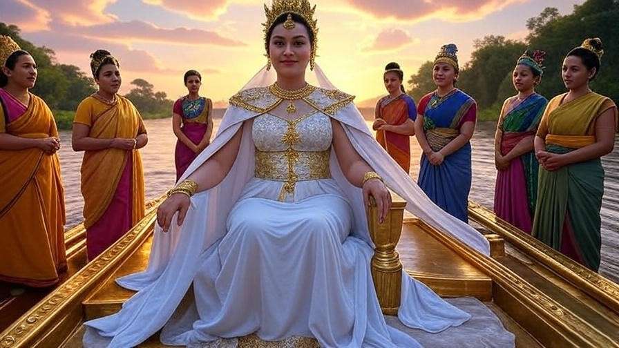 Theatrical depiction of Cleopatra on her golden barge with attendants