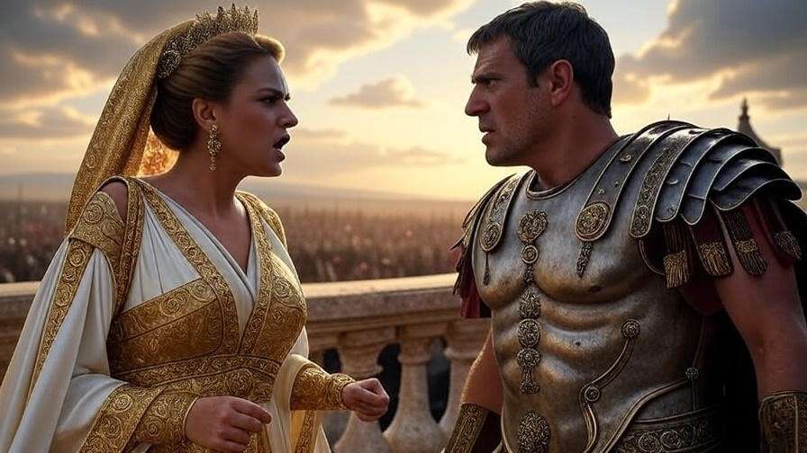 Intense moment between Cleopatra and Antony with battlefield backdrop