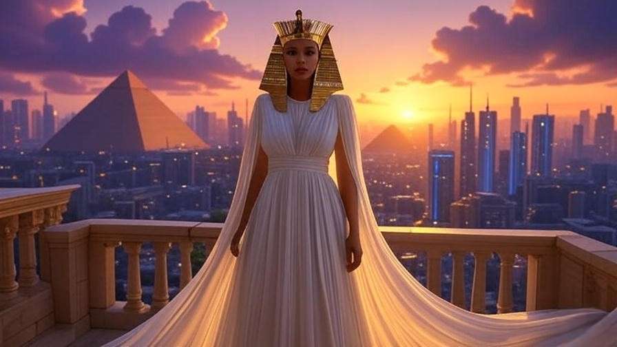Modern artistic depiction of Cleopatra’s legacy with Egyptian and futuristic elements