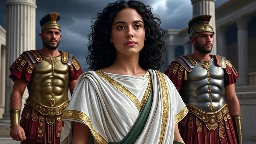 Roman woman symbolizing Octavia in Antony and Cleopatra flanked by Antony and Octavius with marble columns
