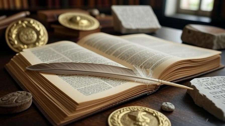 Scholarly study of Octavia in Antony and Cleopatra with playbook and Roman artifacts