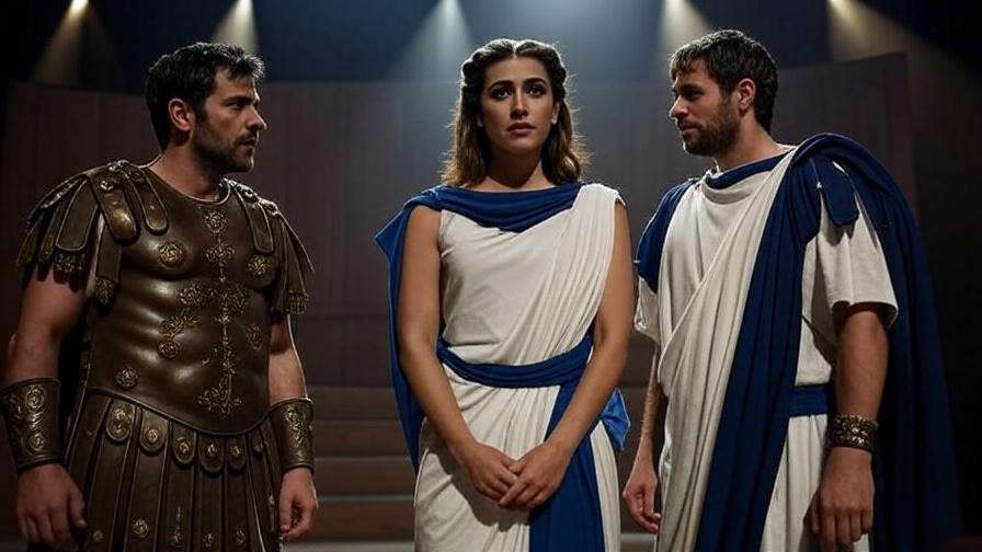 Theatrical performance of Octavia in Antony and Cleopatra with actors on stage