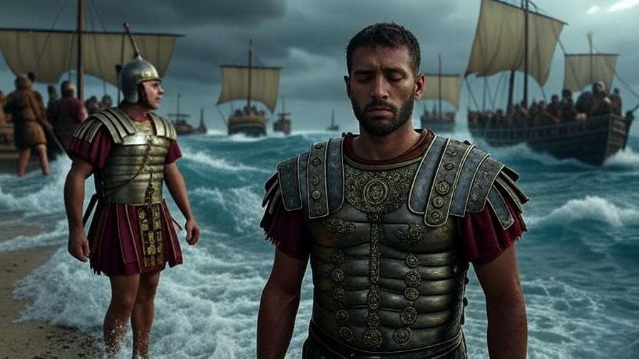Battle of Actium scene with Roman and Egyptian ships clashing, featuring a defeated Mark Antony on shore