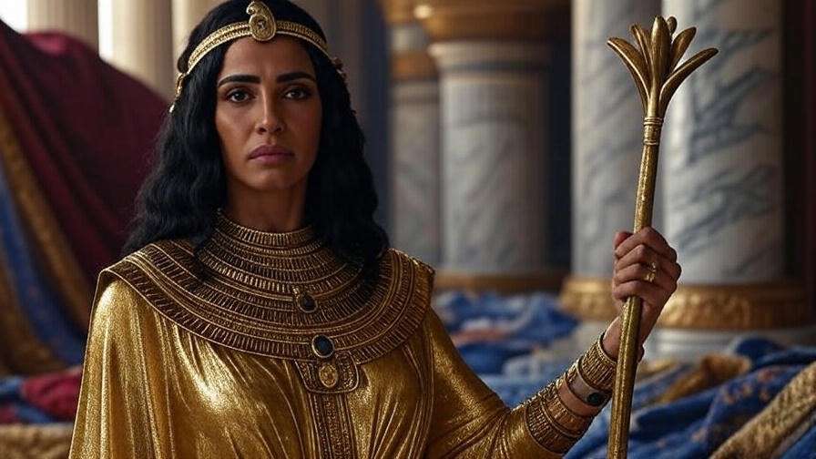 Cleopatra in golden attire holding an asp in a lavish palace, symbolizing her tragic defiance.