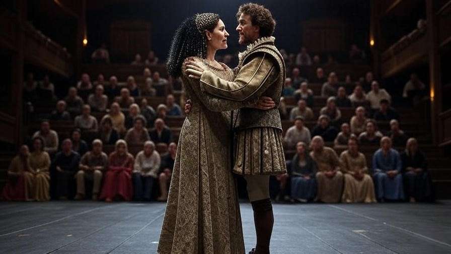 Theatrical stage scene of Antony and Cleopatra embrace in an Elizabethan theater.