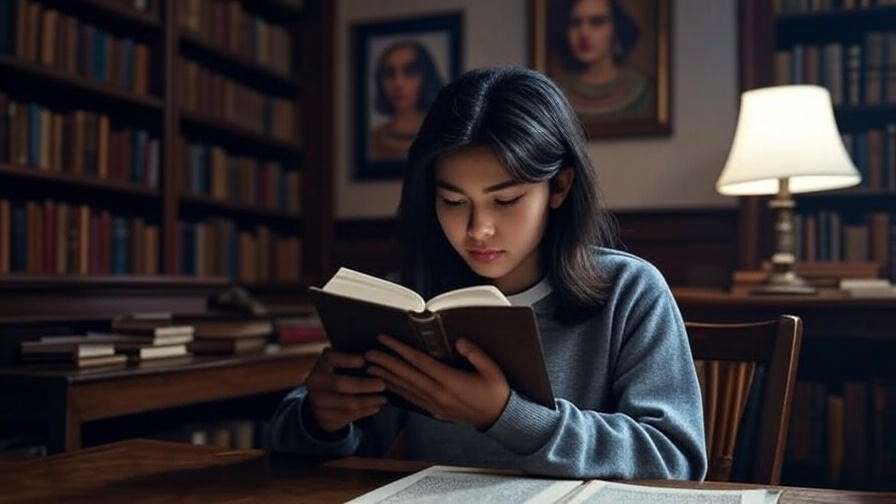 Modern reader studying Shakespeare text with Cleopatra portrait in a cozy library