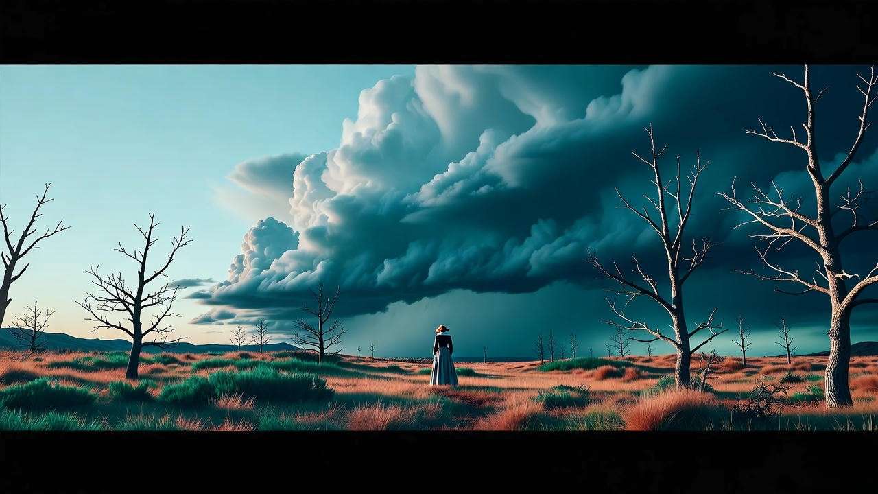 Stormy heath with barren trees and lone Elizabethan figure symbolizing wither in Shakespeare’s works