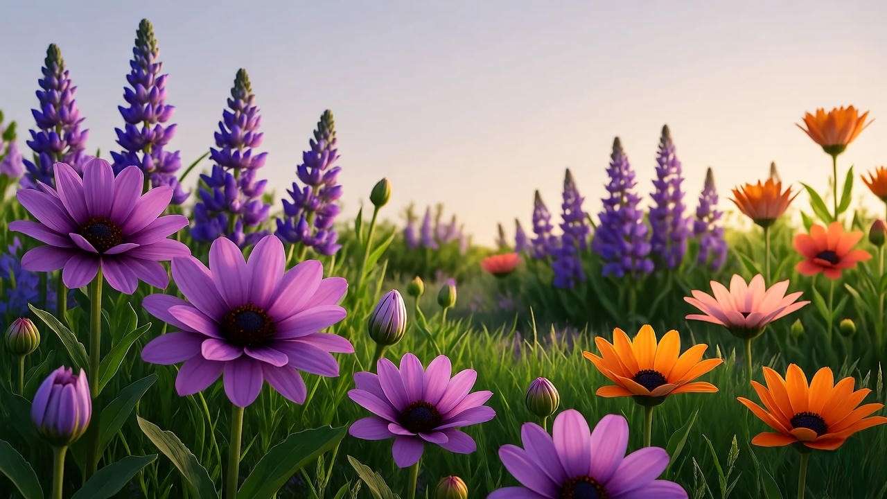 Vibrant garden with blooming flowers symbolizing Shakespeare’s antonyms of wither like flourish