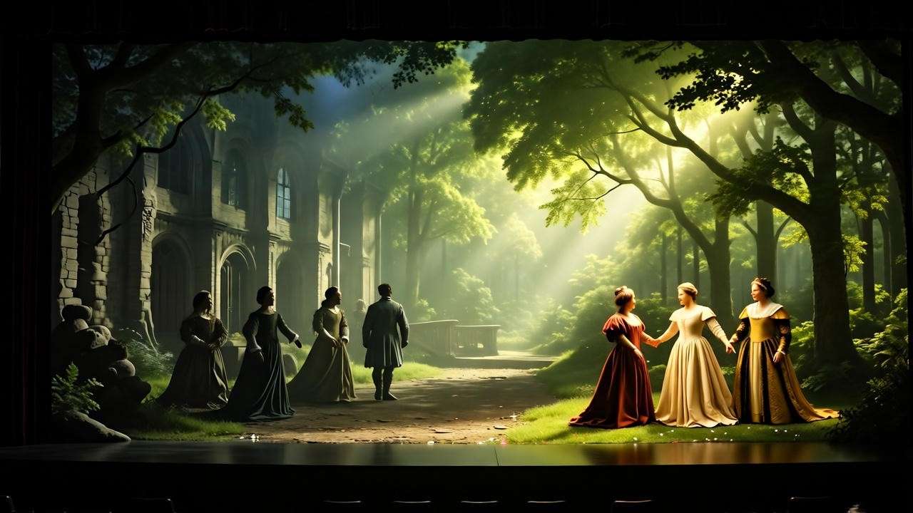Theatrical stage showing renewal from decay to forest in Shakespeare’s narrative arcs