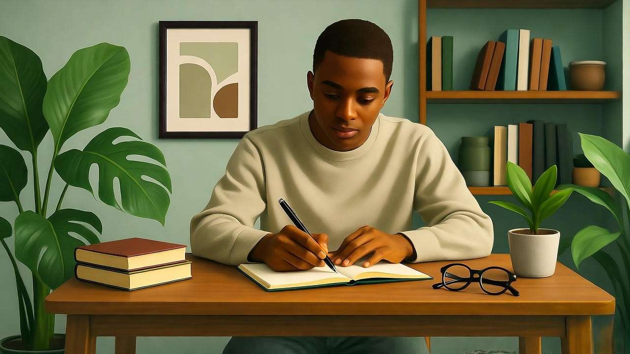 Modern person journaling with books and plants inspired by Shakespeare’s renewal themes
