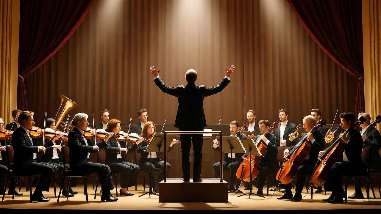 Orchestral performance of Antony and Cleopatra opera with conductor and musicians in warm lighting.