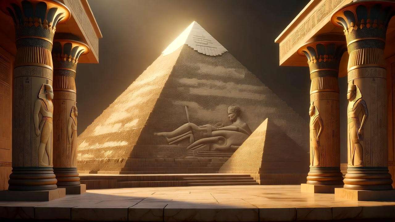 Lavish Egyptian stage set for Antony and Cleopatra opera with golden pyramids and columns