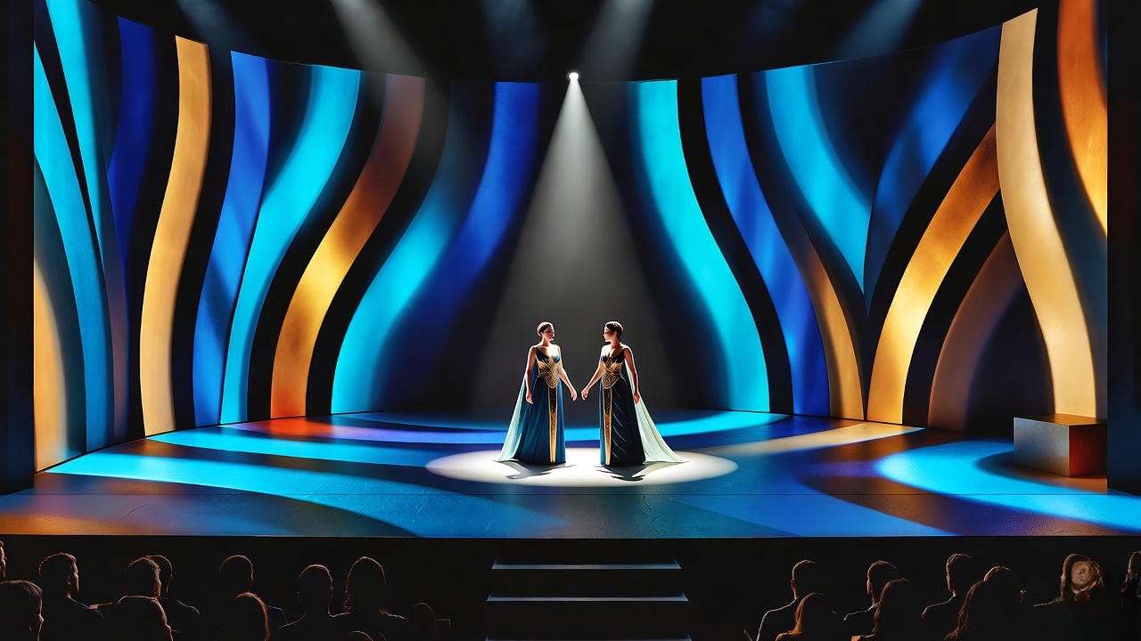 Modern minimalist staging of Antony and Cleopatra opera with spotlight on performers.