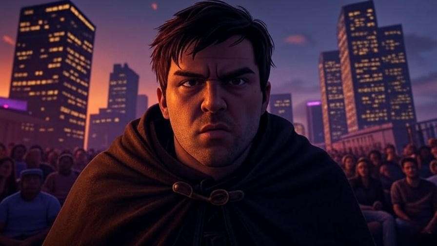 Pixelated virtual stage of Grand Theft Hamlet in GTA Online with medieval avatar performing soliloquy