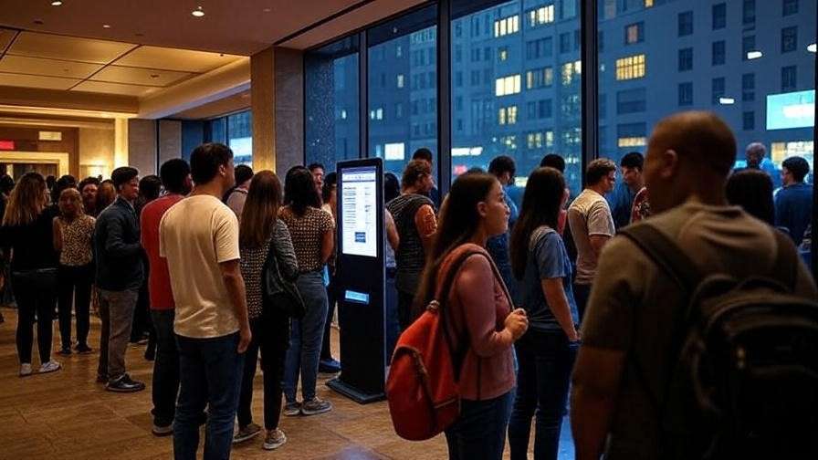 Theater lobby crowd waiting for Grand Theft Hamlet showtimes with digital ticket kiosk