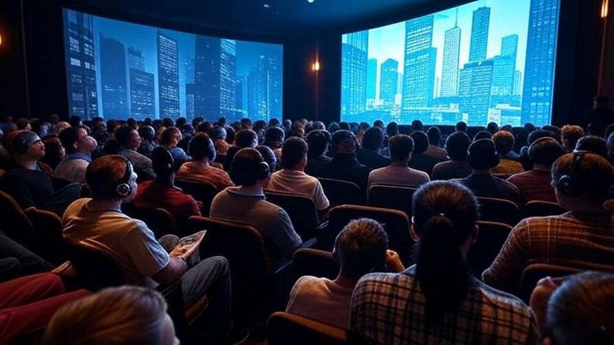 Diverse audience watching Grand Theft Hamlet screening with GTA cityscape projection