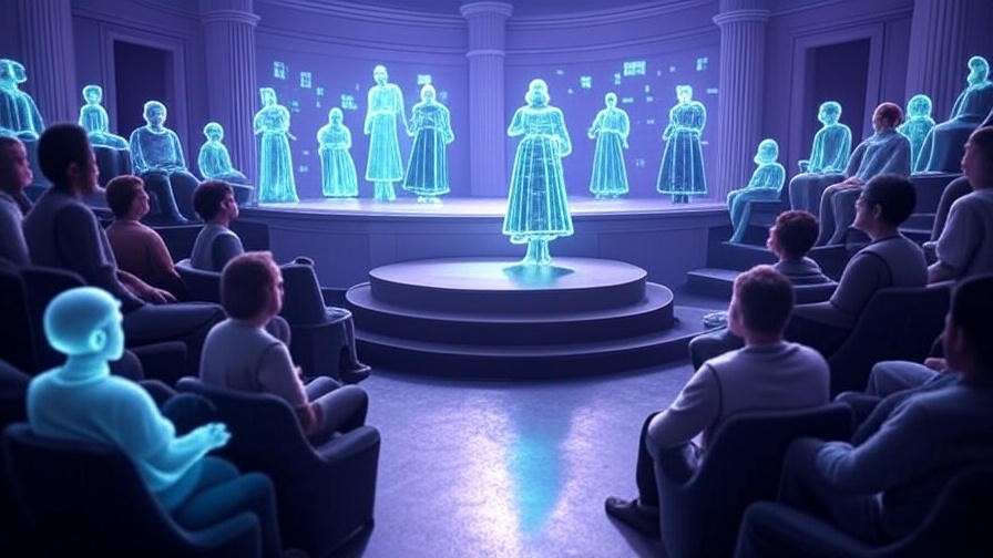 Futuristic metaverse theater with holographic Shakespeare characters and audience avatars