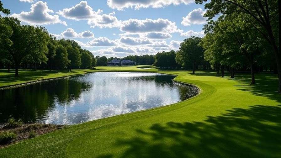 Serene Hamlet Golf Course fairway with water hazard reflecting the sky, surrounded by green trees