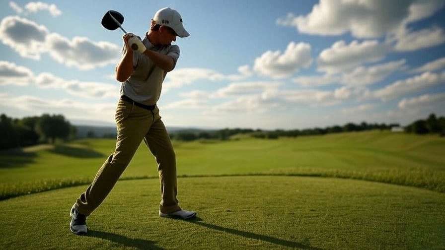 Golfer teeing off on elevated green at Hamlet Golf Course with rolling hills backdrop.