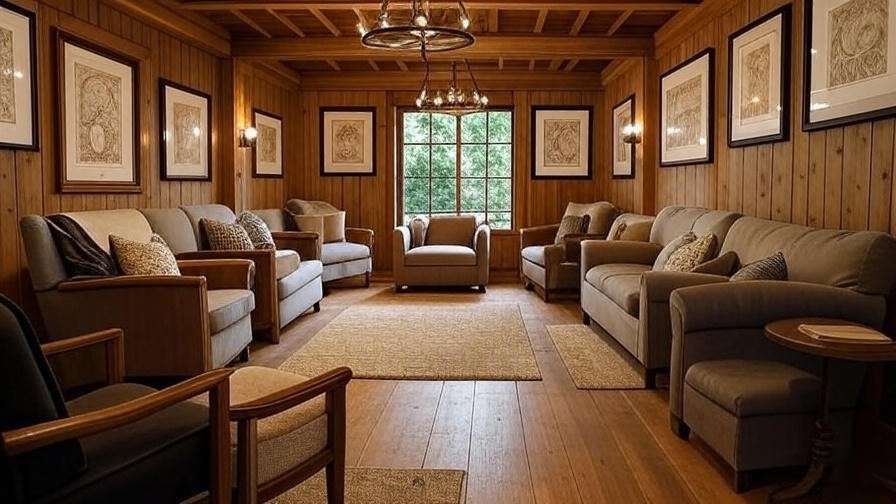 Rustic clubhouse interior at Hamlet Golf Course with Shakespearean decor.