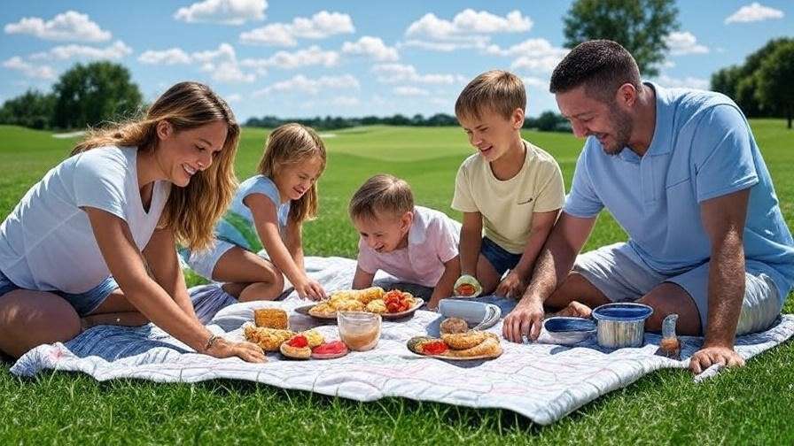 Family picnic near Hamlet Golf Course fairway under clear blue sky.