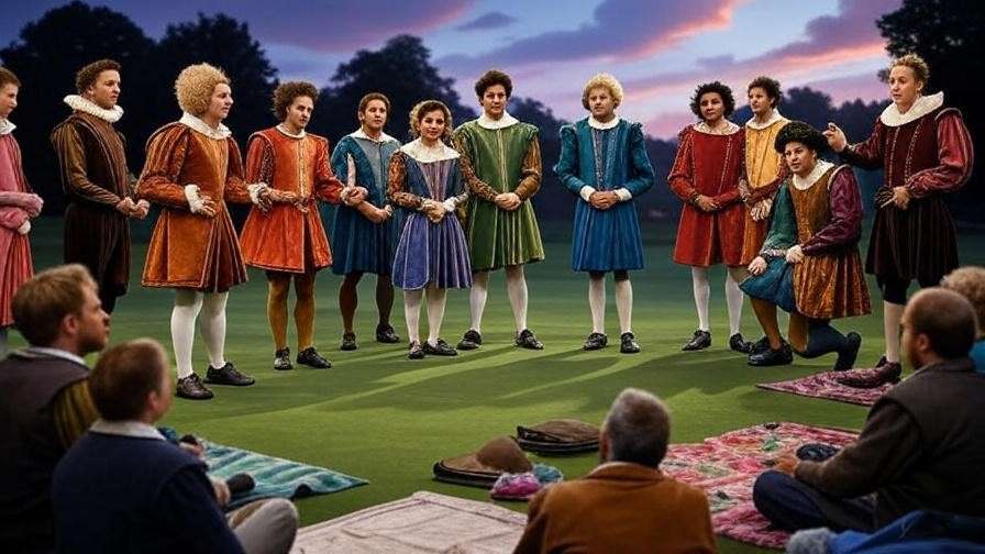 Shakespearean performance on Hamlet Golf Course green with audience under twilight sky.