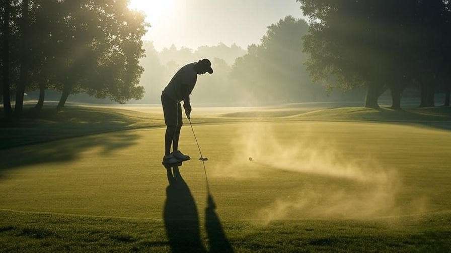 Golfer practicing on Hamlet Golf Course putting green in mystical dawn mist.