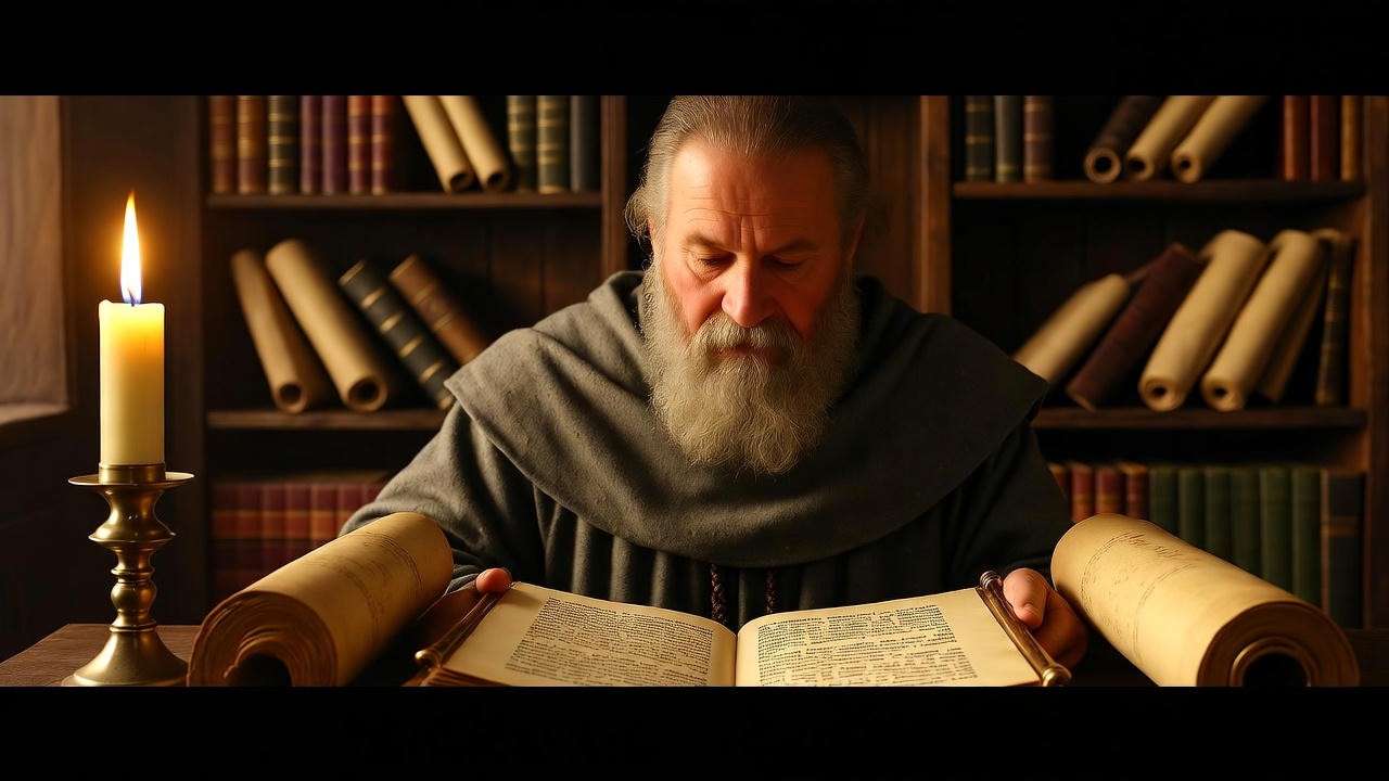 Medieval scholar translating ancient manuscripts in a dimly lit library, candlelight glow, Shakespearean era.