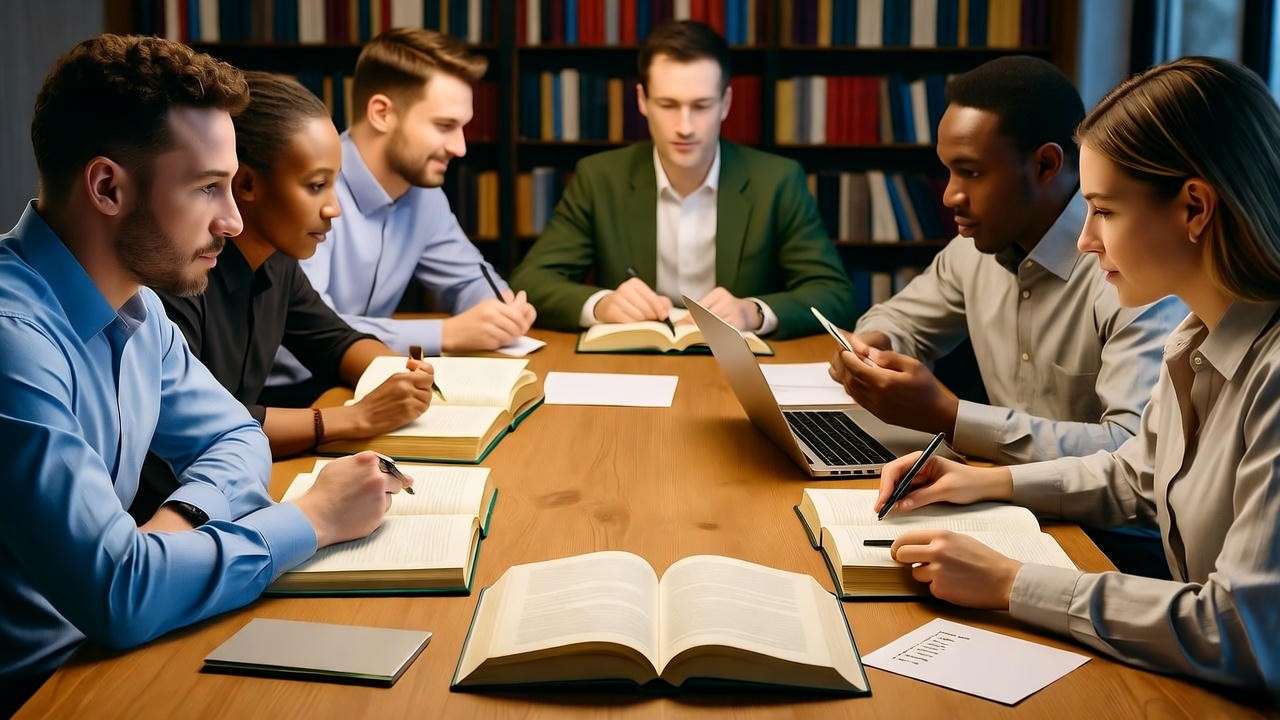 Diverse translators collaborating with books and laptops, modern Shakespeare translation setting.