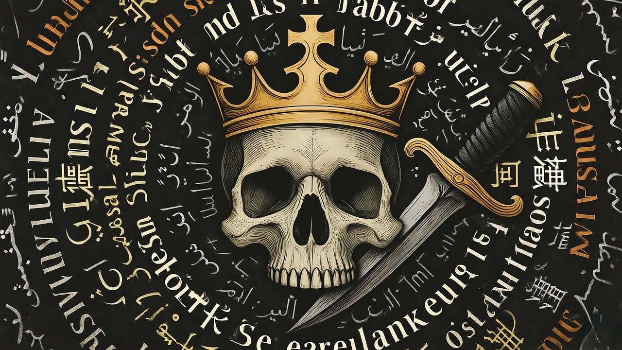 Artistic illustration of Hamlet symbols with multilingual text patterns, translation complexity