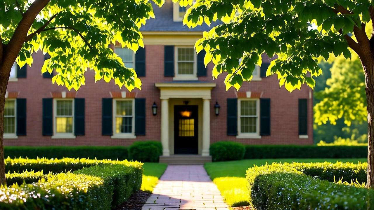 Historic brick facade of Harrington Funeral Home in Hamlet NC surrounded by oak trees and pathway.