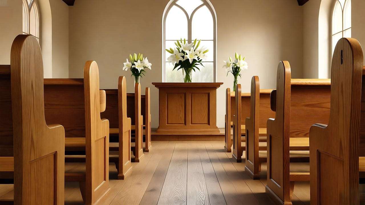 Inviting chapel interior at Harrington Funeral Home Hamlet NC with wooden pews and natural light.