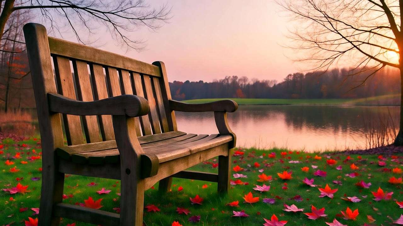 Serene park bench by pond at sunset symbolizing grief healing near Hamlet NC.
