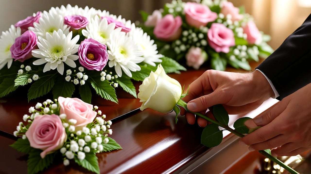 Hands placing rose on casket in dignified memorial service at Harrington Funeral Home Hamlet NC.