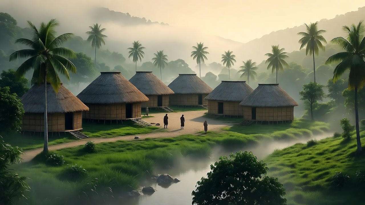 Serene dawn view of a misty tropical hamlet nestled in Indonesian hills, symbolizing cultural isolation and hidden inspirations.