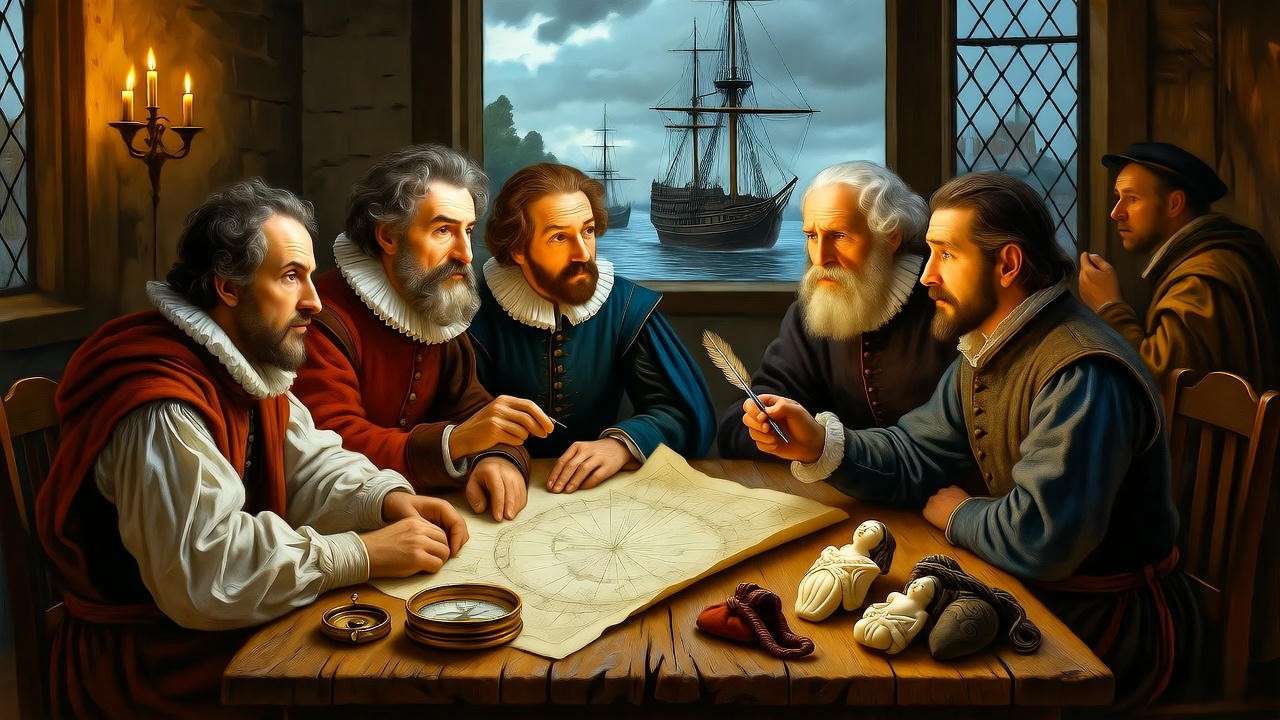 Elizabethan merchants sharing voyage tales in a candlelit tavern, evoking global stories that may have inspired Shakespeare.