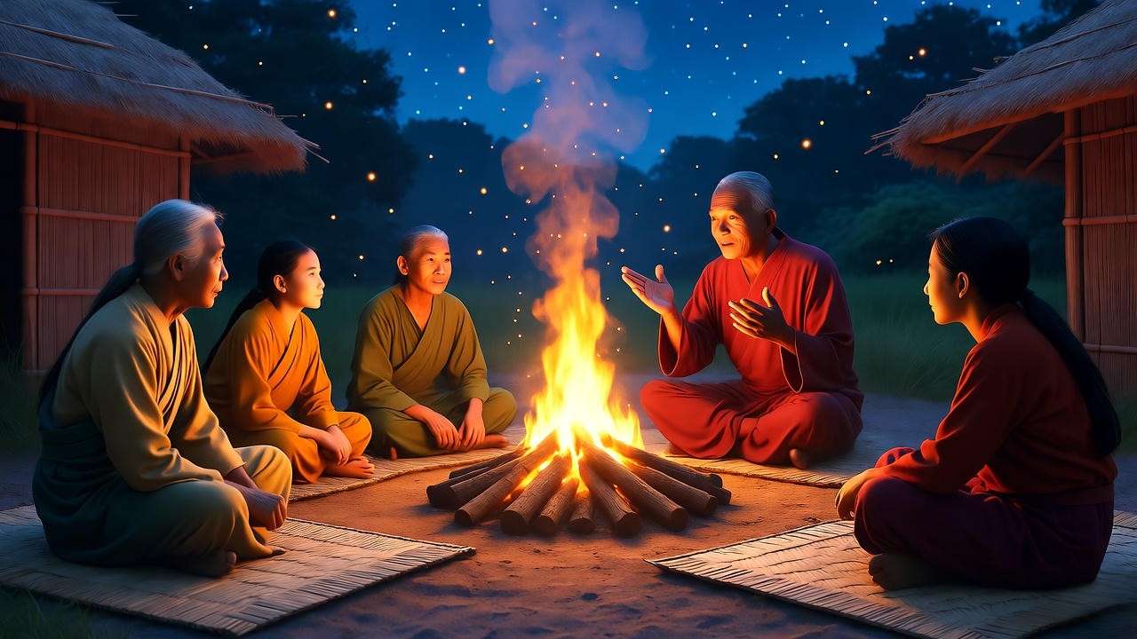 Evening firelit circle of villagers sharing oral folklore traditions, mirroring themes of communal storytelling in Shakespearean works.