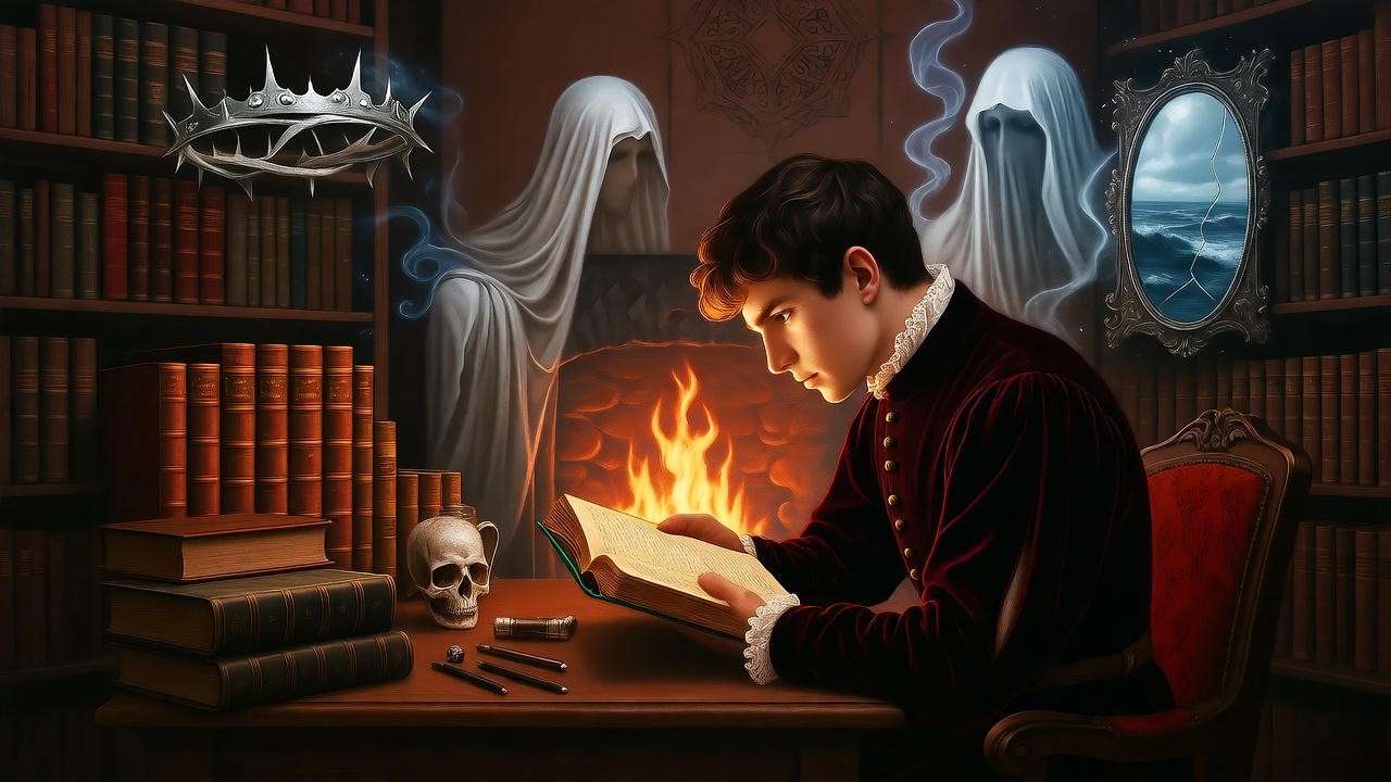 Brooding scholar in firelit study amid ghostly shadows, capturing Hamlet's themes of betrayal, isolation, and mortality.