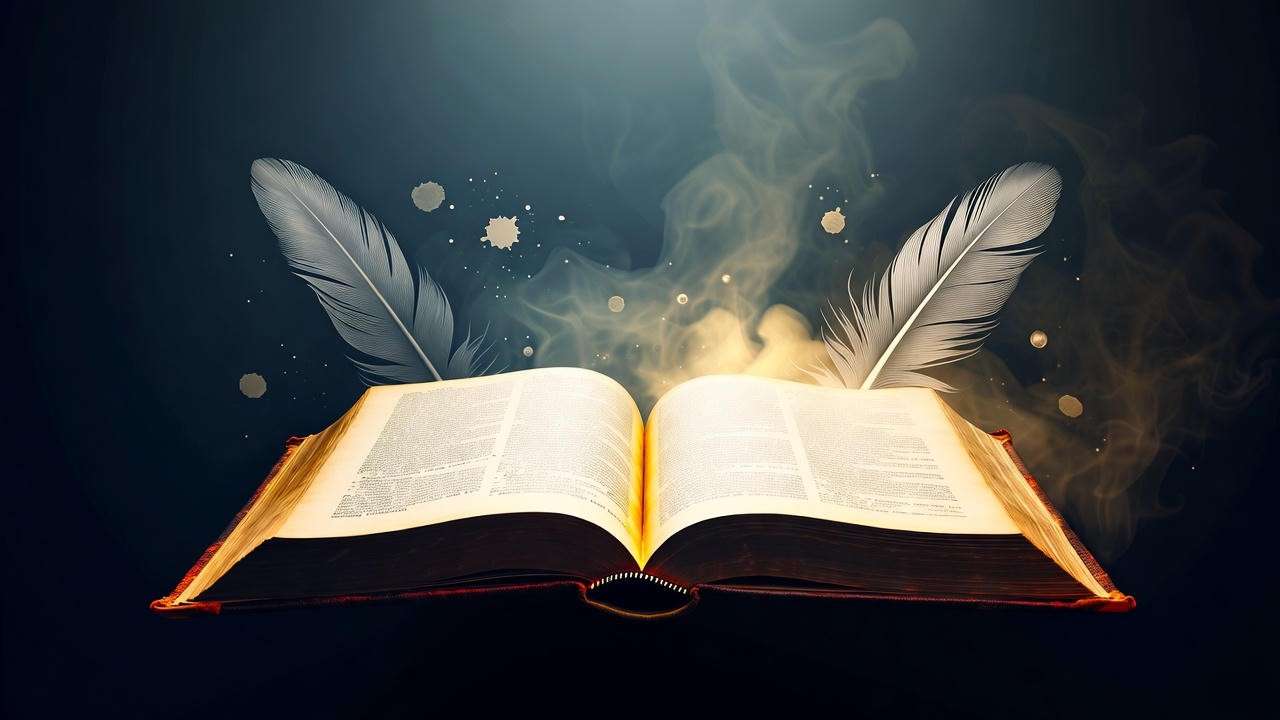 Ancient book glowing with light in a misty background, symbolizing overcoming the Shakespeare barrier for Hamlet