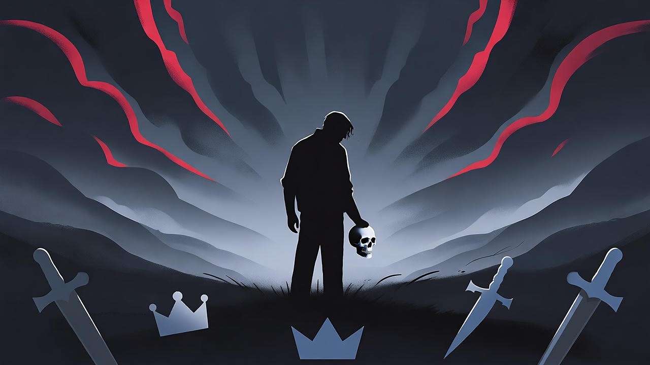 Silhouetted figure with skull in stormy landscape, evoking Hamlet’s themes of mortality and revenge, never fear Shakespeare Hamlet