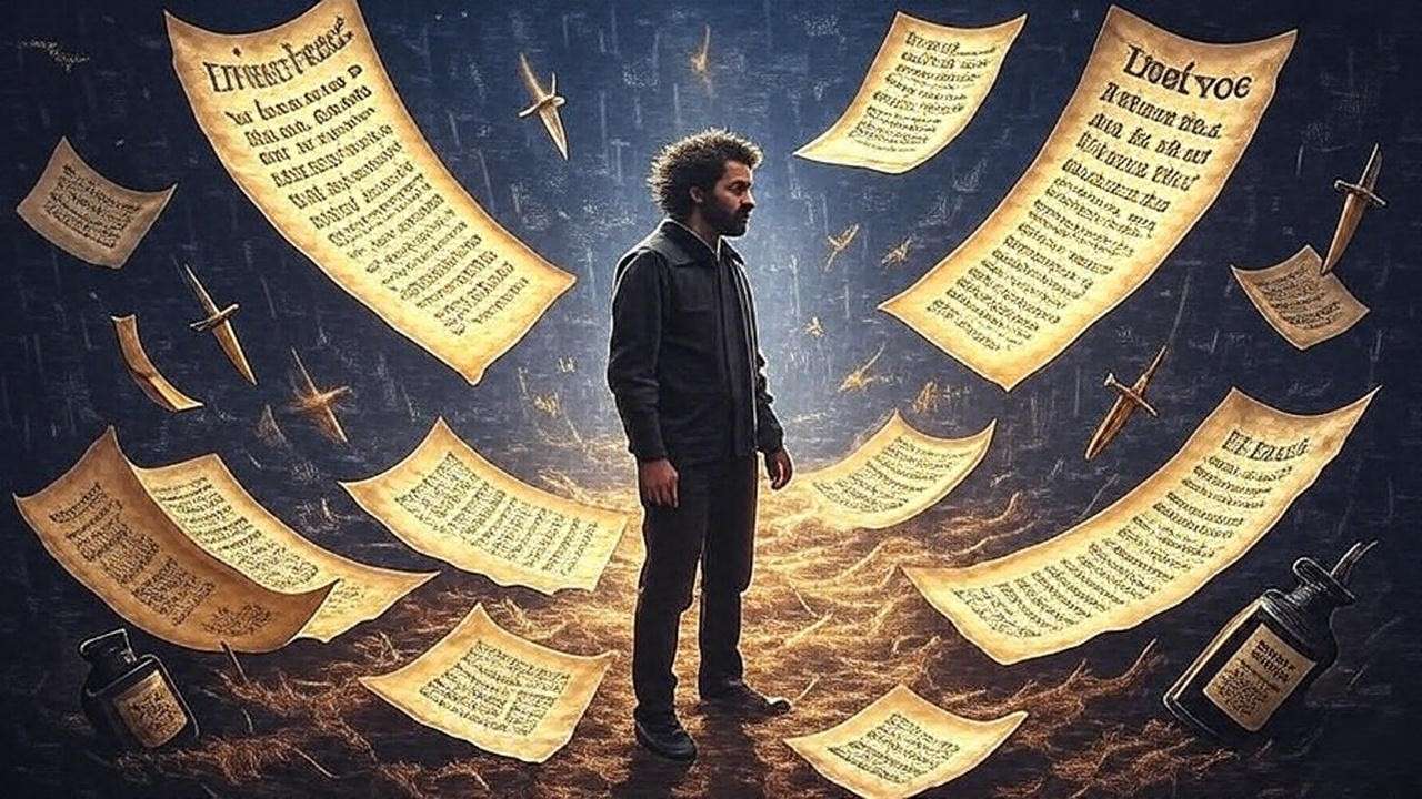 Parchment pages with glowing Elizabethan words transforming, decoding Hamlet’s language, never fear Shakespeare Hamlet
