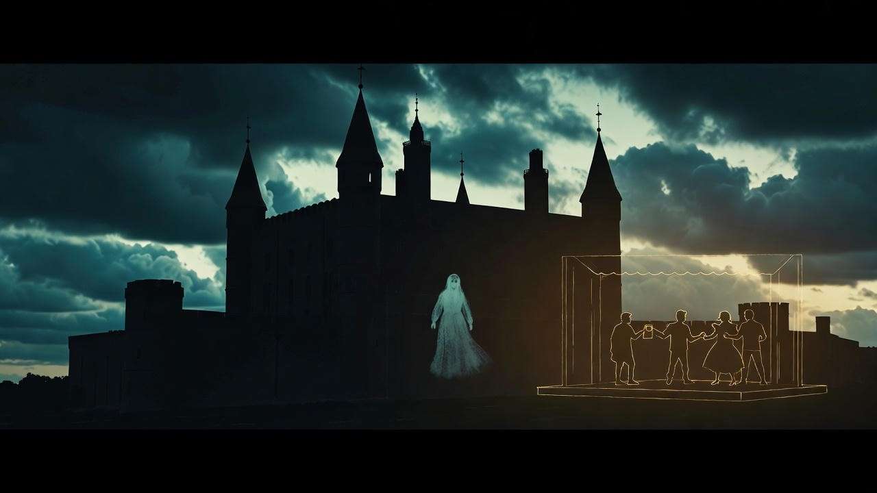 Elsinore Castle with ghostly figure and stage, summarizing Hamlet’s plot, never fear Shakespeare Hamlet