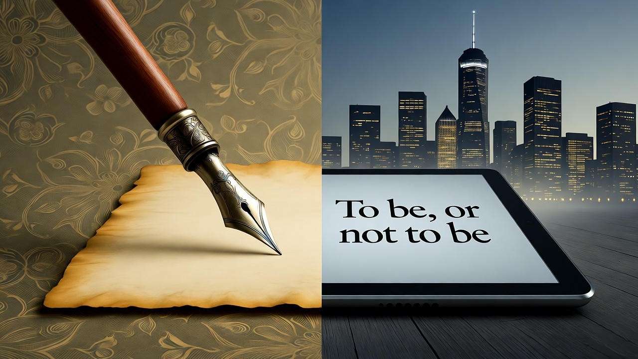 Quill pen transitioning to digital tablet with Hamlet text, showing historical and modern relevance, never fear Shakespeare Hamlet