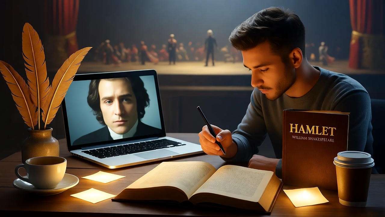 Reader with Hamlet book and laptop, engaging with the play, never fear Shakespeare Hamlet