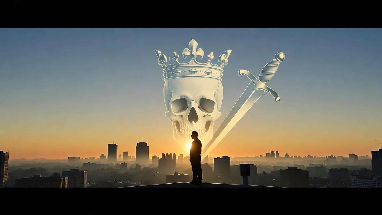 Urban figure with Hamlet symbols, applying lessons to modern life, never fear Shakespeare Hamlet