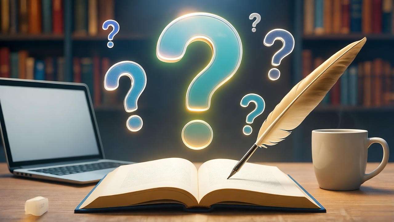 Hamlet book and glowing question marks, answering FAQs, never fear Shakespeare Hamlet
