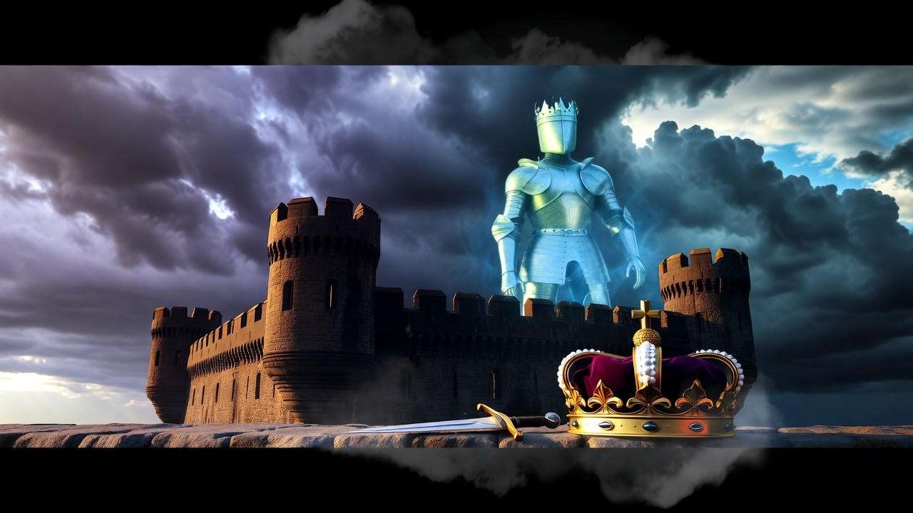 Ethereal ghost of King Hamlet on Elsinore Castle battlements with a broken crown and dagger, symbolizing Hamlet’s themes of revenge and mortality.
