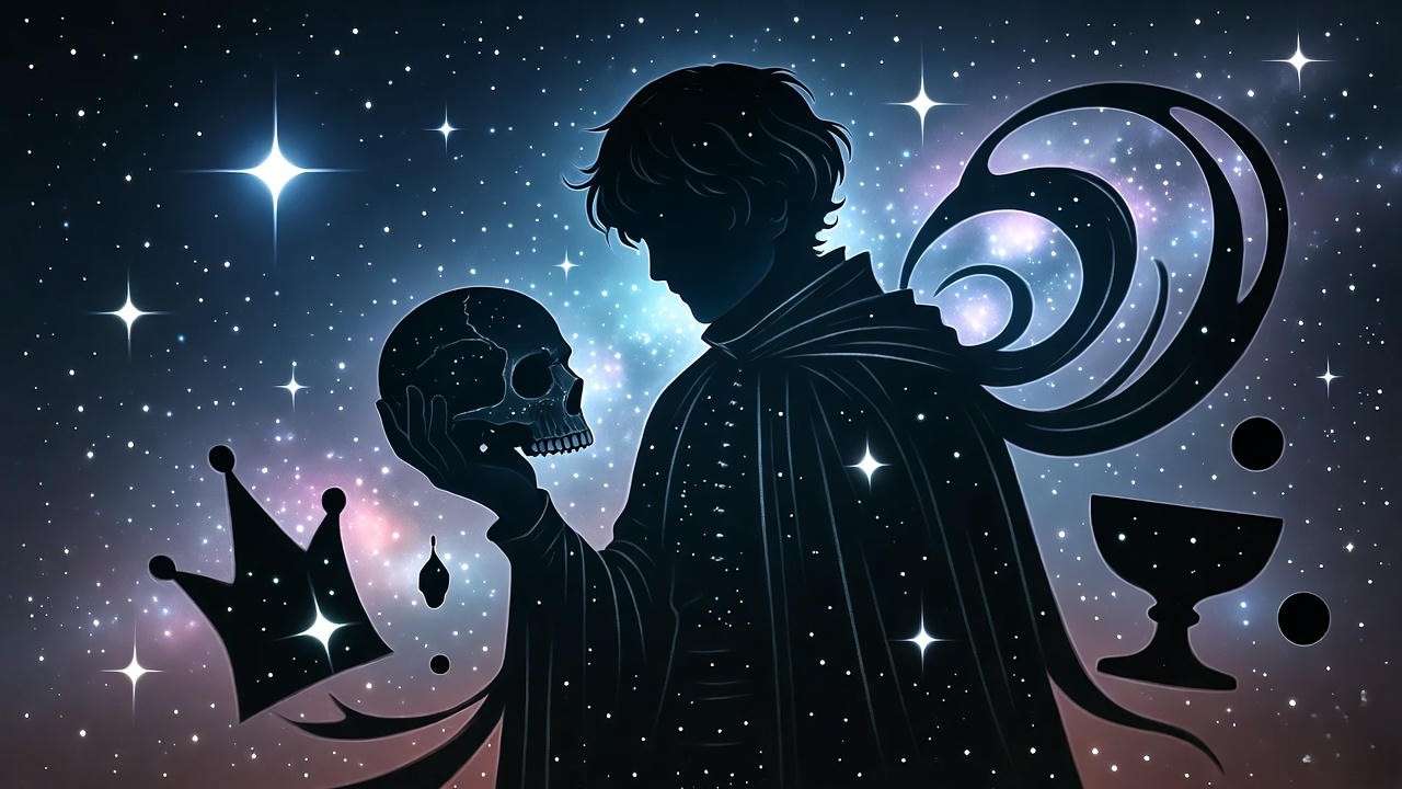 Surreal illustration of Hamlet holding Yorick’s skull under a cosmic sky, with ghostly shapes symbolizing Hamlet’s existential themes.