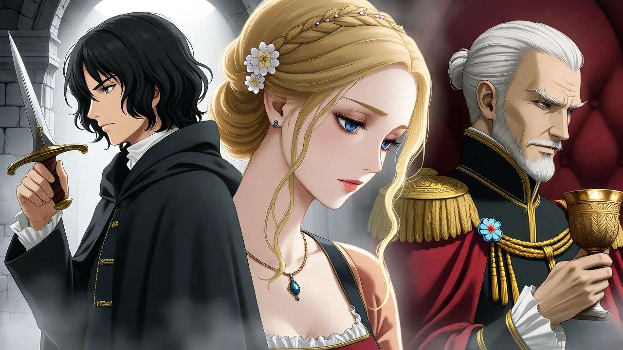 Dramatic portrait of Hamlet, Ophelia, and Claudius in a misty Elsinore throne room, highlighting Hamlet’s complex characters.