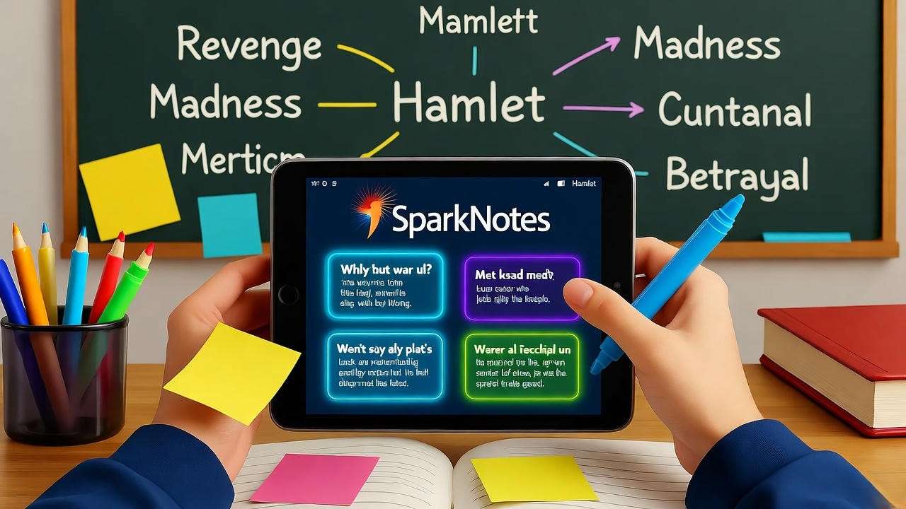 Student studying Hamlet with SparkNotes on a tablet, surrounded by sticky notes and a chalkboard mind map in a modern classroom.